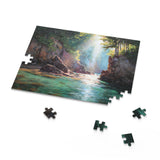 Jigsaw puzzle with a scenic landscape of a lake and trees on a white background