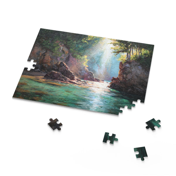 Jigsaw puzzle with a scenic landscape of a lake and trees on a white background