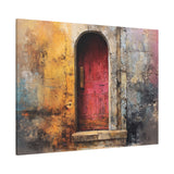 Canvas print of Old Entrance - Abstract Textured Wall Art, a red door in an arched stone archway with textured walls, an angled view