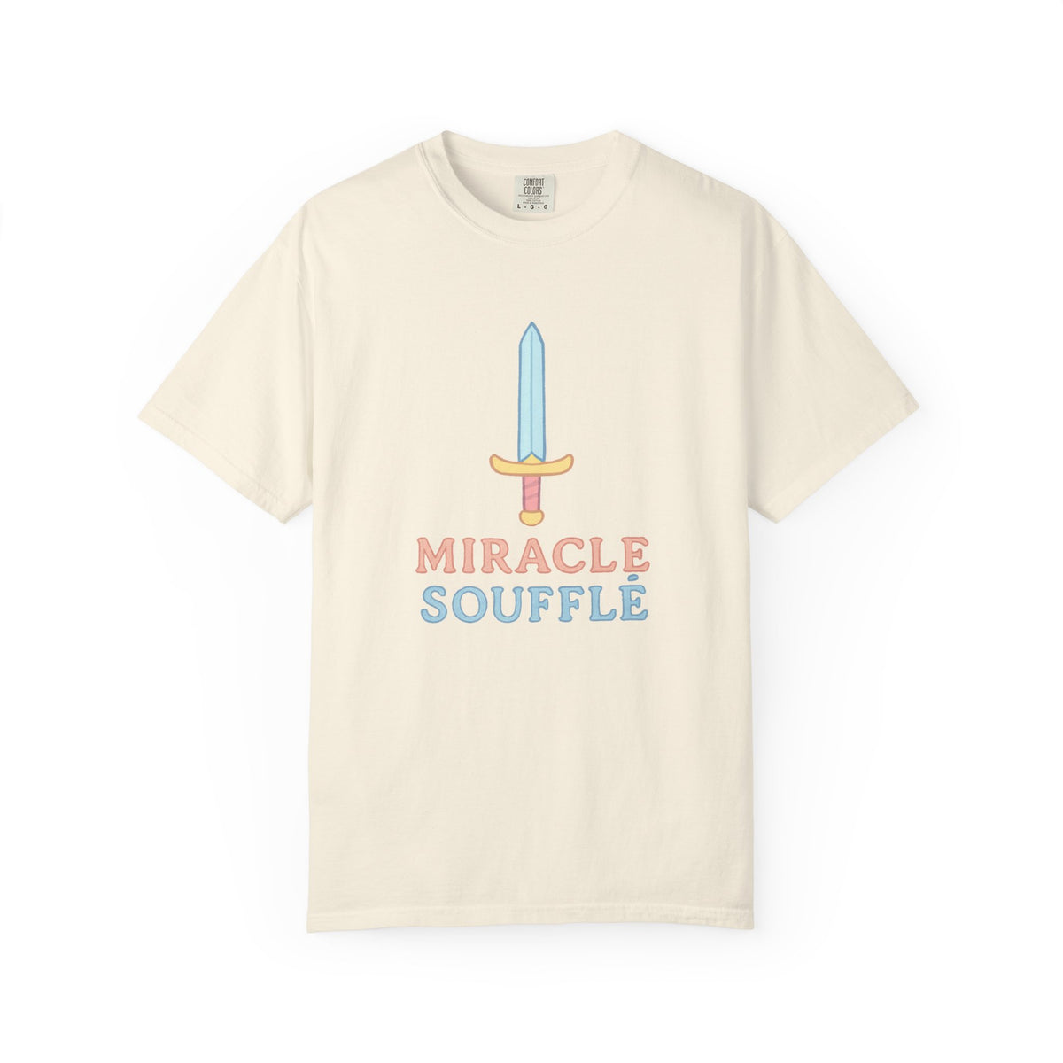 Beige t-shirt with 'Miracle Souffle' text and sword graphic on a white background