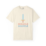 Beige t-shirt with 'Miracle Souffle' text and sword graphic on a white background