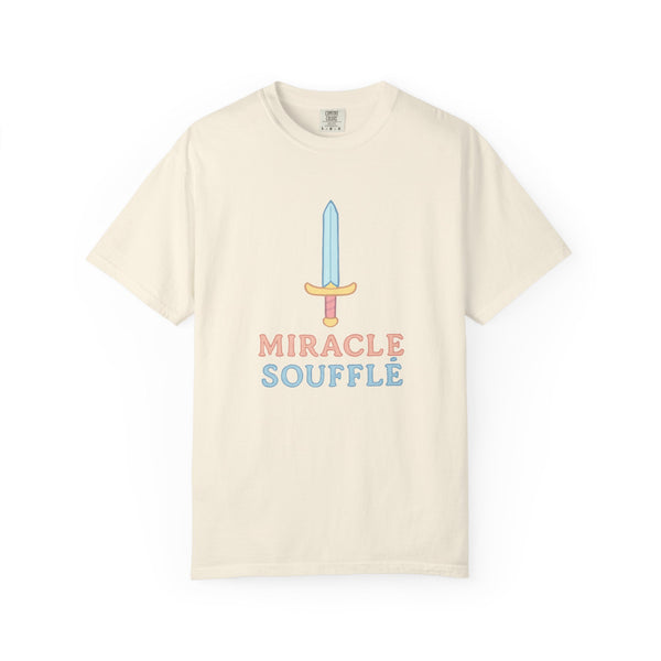 Beige t-shirt with 'Miracle Souffle' text and sword graphic on a white background