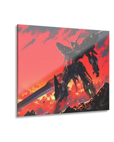 A vibrant acrylic glass wall art featuring a mecha anime design with a red and black color scheme, depicting a large robot over remains of a city.