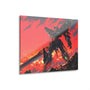 A vibrant acrylic glass wall art featuring a mecha anime design with a red and black color scheme, depicting a large robot over remains of a city.