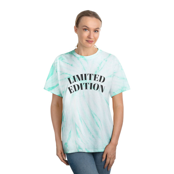 Woman wearing a light blue tie-dye t-shirt with 'LIMITED EDITION' text on a white background