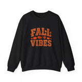 Black sweatshirt with 'Fall Vibes' text in orange on a white background