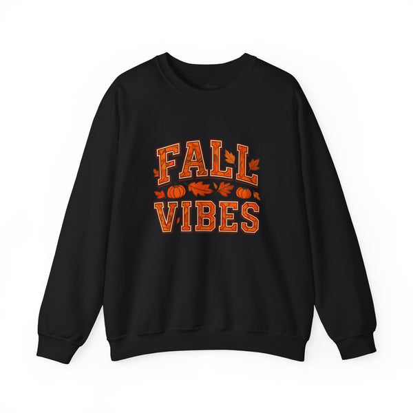 Black sweatshirt with 'Fall Vibes' text in orange on a white background