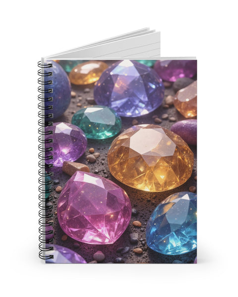 Notebook with colorful gemstone design on a white background