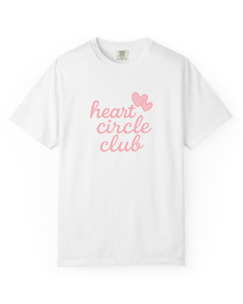 White t-shirt with 'heart circle club' text and pink hearts on a white background