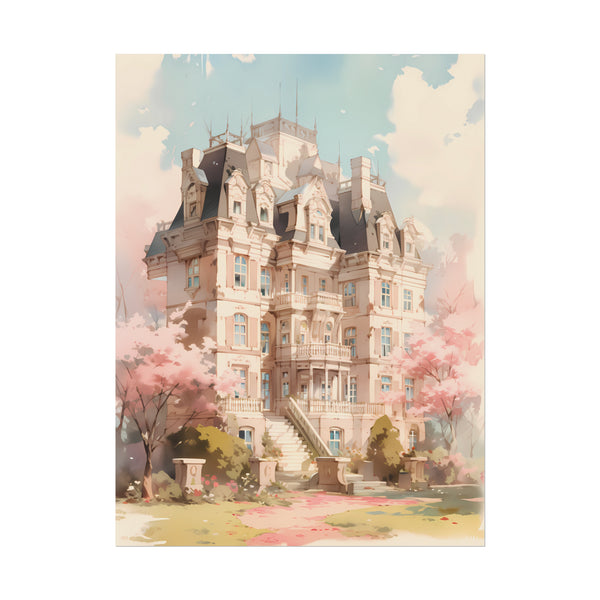 Celestia Manor in Spring - Anime Watercolor Mansion Poster