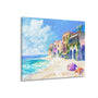 An acrylic glass painting featuring a colorful beach scene with anime-style buildings and a clear blue sky.