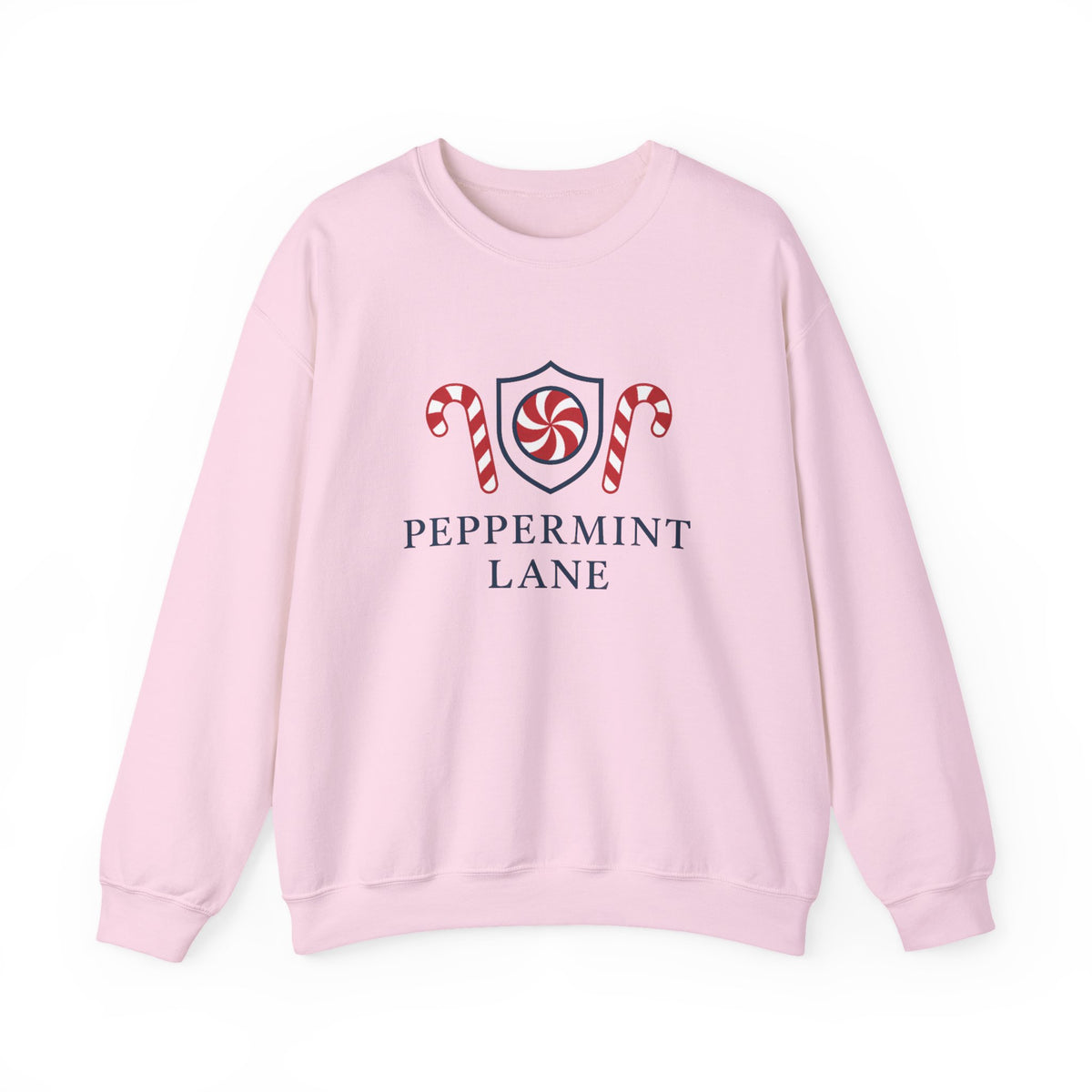 Pink sweatshirt with 'Peppermint Lane' design on a white background