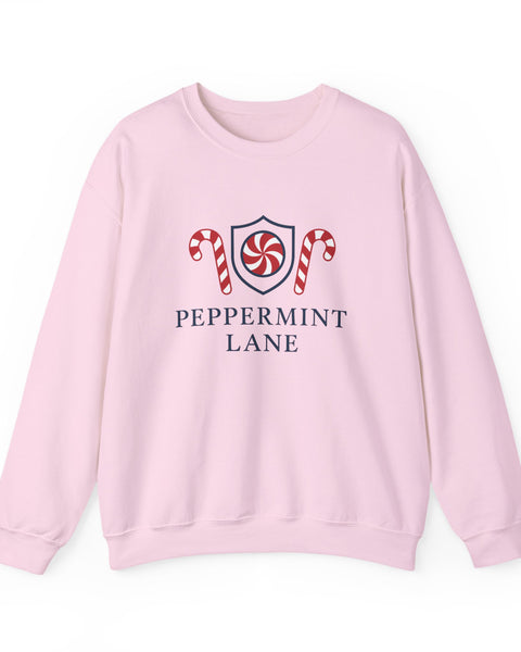 Pink sweatshirt with 'Peppermint Lane' design on a white background