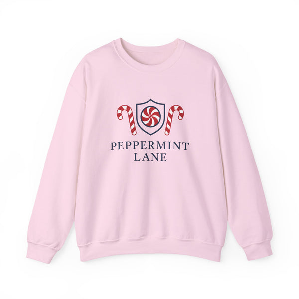 Pink sweatshirt with 'Peppermint Lane' design on a white background