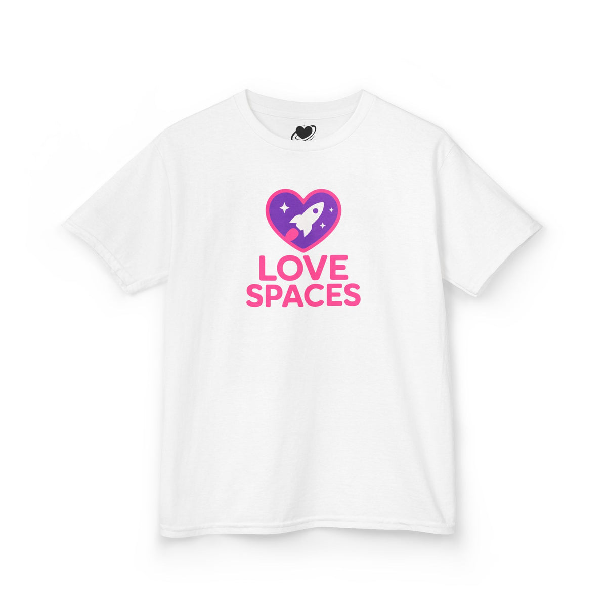 White t-shirt with a heart-shaped logo and 'LOVE SPACES' text on a white background