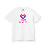 White t-shirt with a heart-shaped logo and 'LOVE SPACES' text on a white background