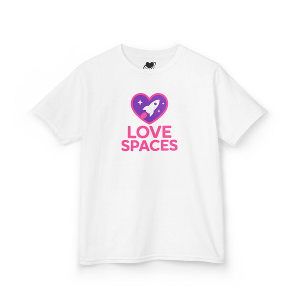 White t-shirt with a heart-shaped logo and 'LOVE SPACES' text on a white background