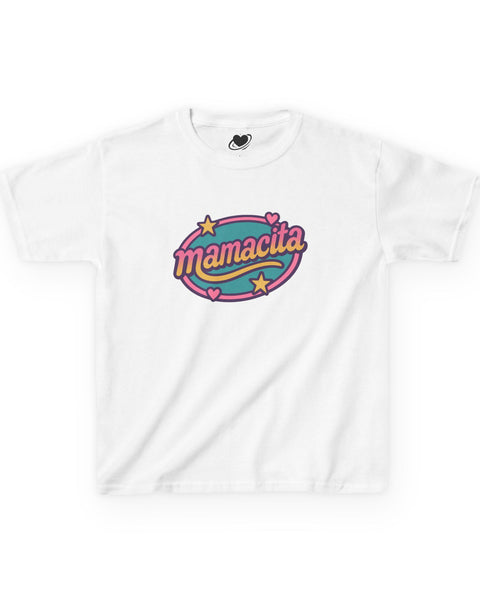 White baby t-shirt with 'mamacita' graphic design on a white background