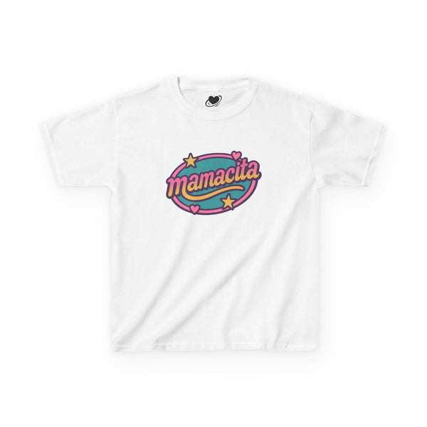 White baby t-shirt with 'mamacita' graphic design on a white background