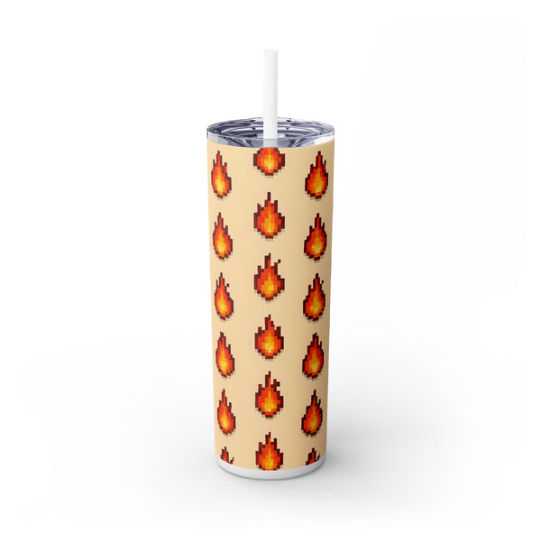 Skinny Tumbler with pixelated fire pattern on a beige background
