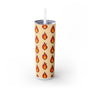 Skinny Tumbler with pixelated fire pattern on a beige background