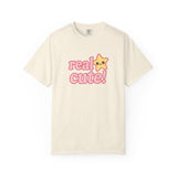 Beige t-shirt with 'real cute!' text and a star on a white background