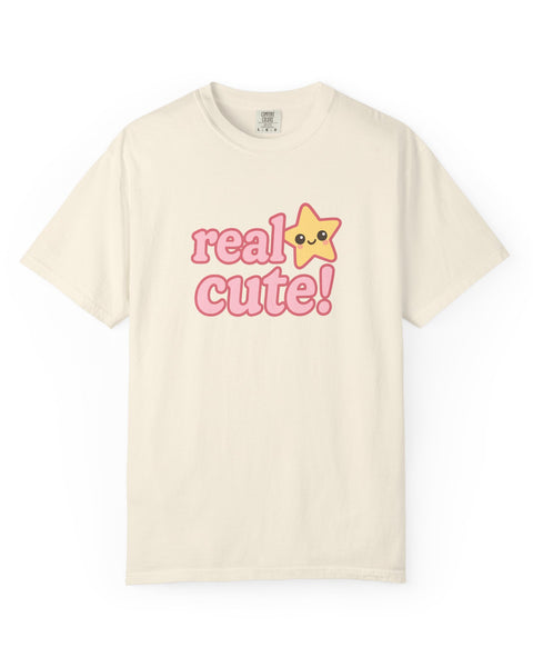 Beige t-shirt with 'real cute!' text and a star on a white background