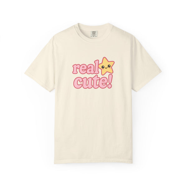 Beige t-shirt with 'real cute!' text and a star on a white background