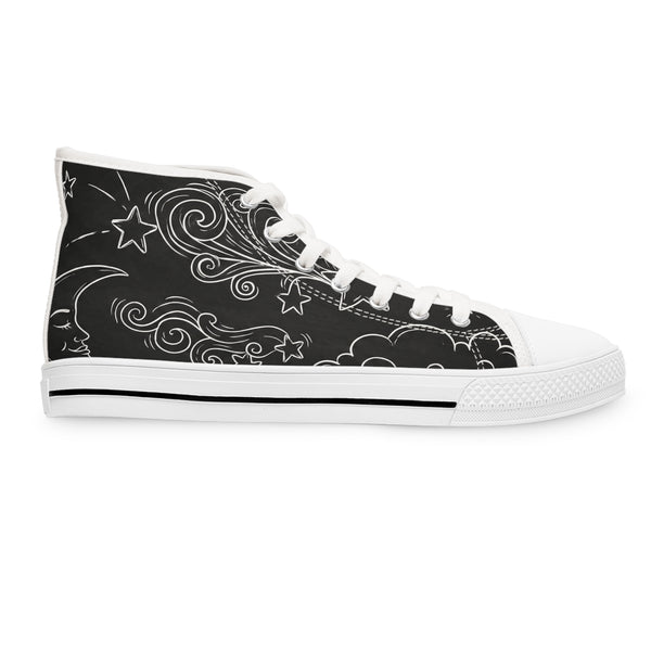 Black high-top sneaker with white star and cloud patterns on a white background