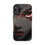 Phone case with a design of a face with red eyes on a white background