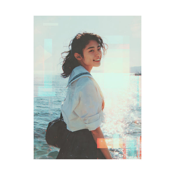 poster of a japanese schoolgirl smiling with a sparkling sea background