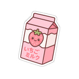 Anime-style strawberry milk carton sticker with a cute strawberry on a white background