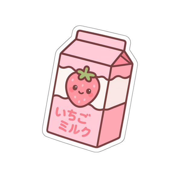 Anime-style strawberry milk carton sticker with a cute strawberry on a white background