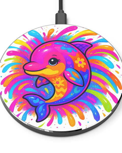 Round wireless charging pad with a colorful dolphin design on a white background
