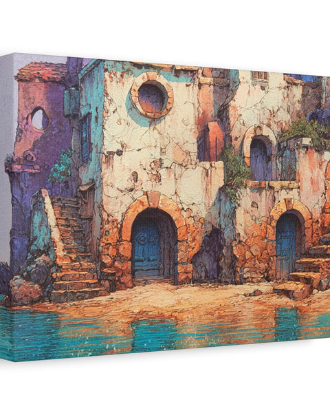 Canvas print of Waterfront Terrace - Anime Wall Art, a colorful architectural scene with arched doors and steps.