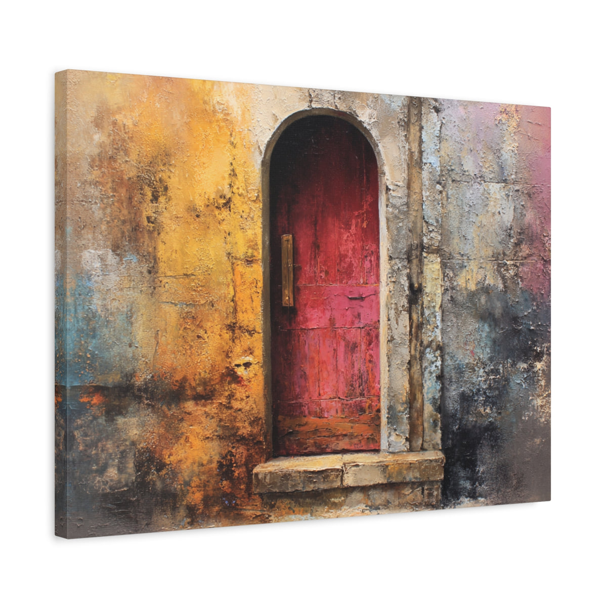 Canvas print of Old Entrance - Abstract Textured Wall Art, a red door in an arched stone archway with textured walls.