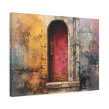 Canvas print of Old Entrance - Abstract Textured Wall Art, a red door in an arched stone archway with textured walls.