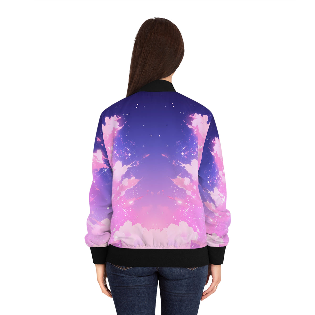 Woman's back wearing an anime bomber jacket with a colorful cloud pattern on a white background