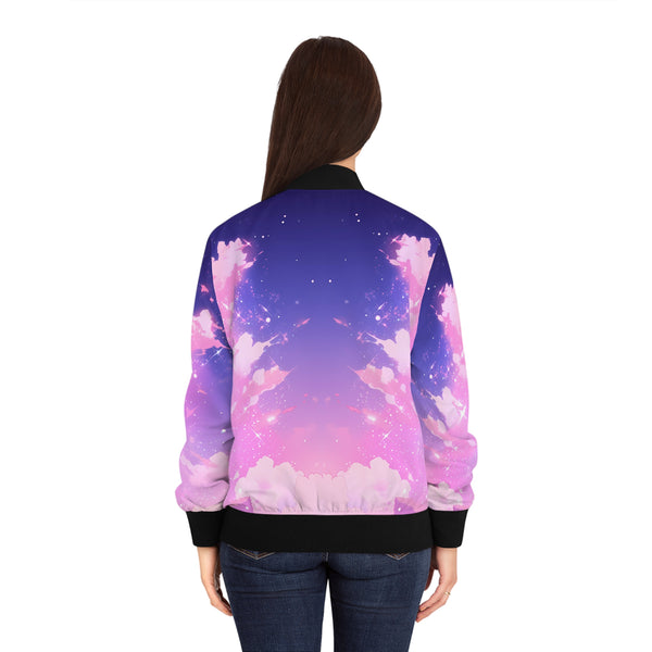 Woman's back wearing an anime bomber jacket with a colorful cloud pattern on a white background
