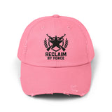 Pink cap with black logo and text on a white background