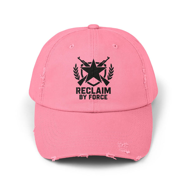 Pink cap with black logo and text on a white background