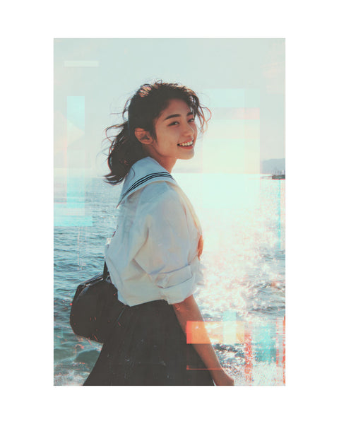 poster of a japanese schoolgirl smiling with a sparkling sea background