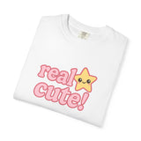White t-shirt with 'real cute!' text and a star graphic on a white background
