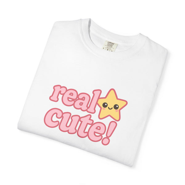 White t-shirt with 'real cute!' text and a star graphic on a white background