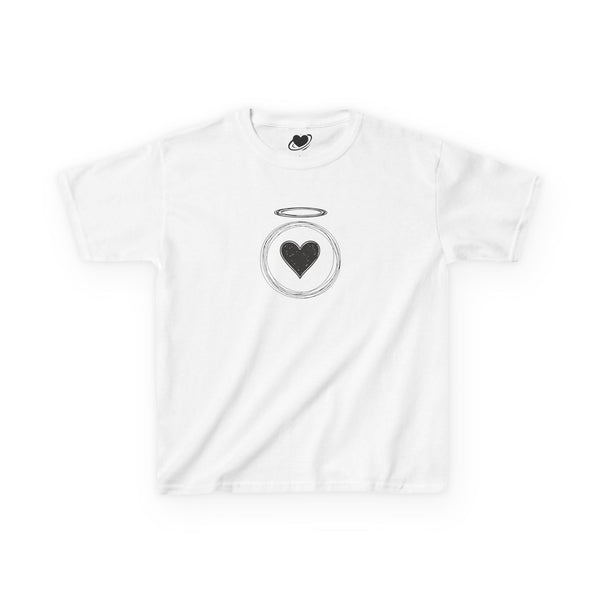 White baby t-shirt with a black heart and halo design on a white background
