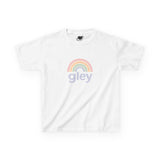 White t-shirt with a rainbow and 'gley' text on a white background