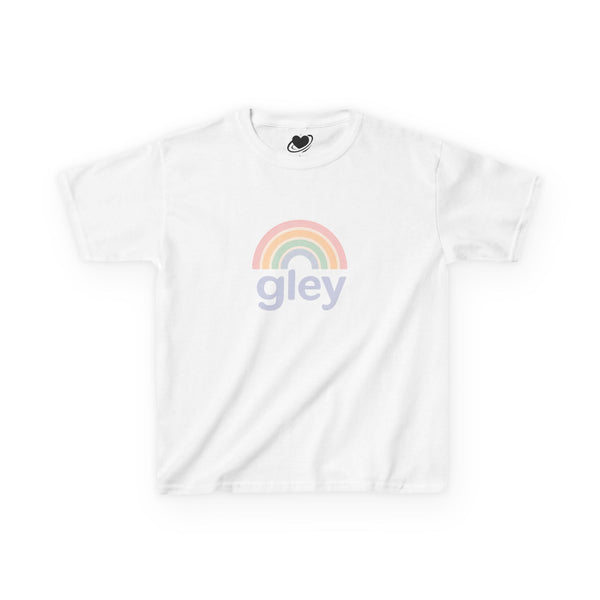 White t-shirt with a rainbow and 'gley' text on a white background