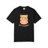 Black t-shirt with a bear in honey design and 'MY HONEY' text on a white background