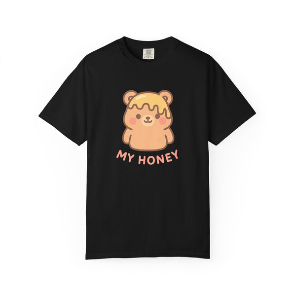 Black t-shirt with a bear in honey design and 'MY HONEY' text on a white background