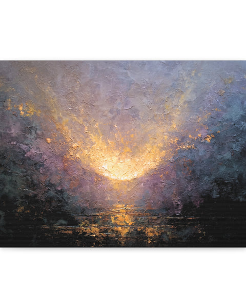 Canvas print of Angelic Visitation - Abstract Textured Wall Art painting with a bright light source and dark background